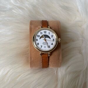 Shinola The Birdy Moon Phase 34mm Gold and British Tan White Face Regular Band